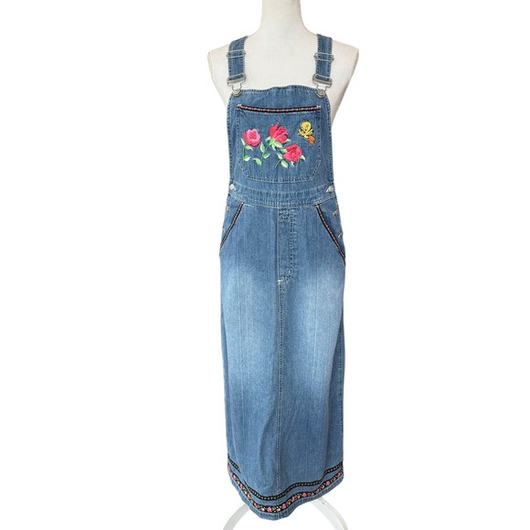 Warner Bros. Studio Store Dresses & Skirts - Warner Bros Studio Tweety Bird Rose Embroidered Denim Overall Maxi Dress XS NWT